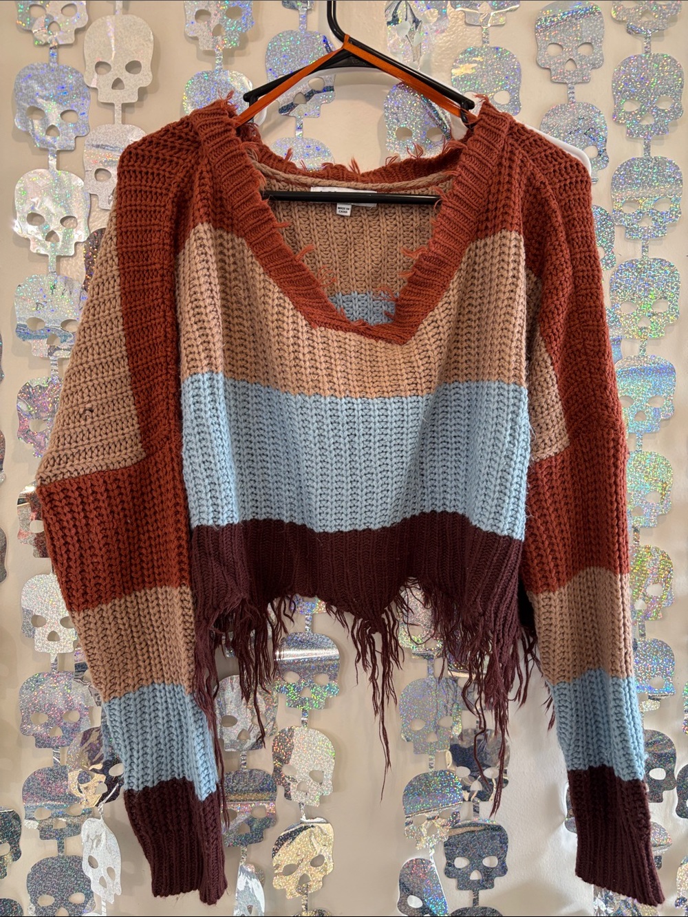 love J Striped Distressed V-Neck Sweater in Rust, Light Blue, Beige and Burgundy